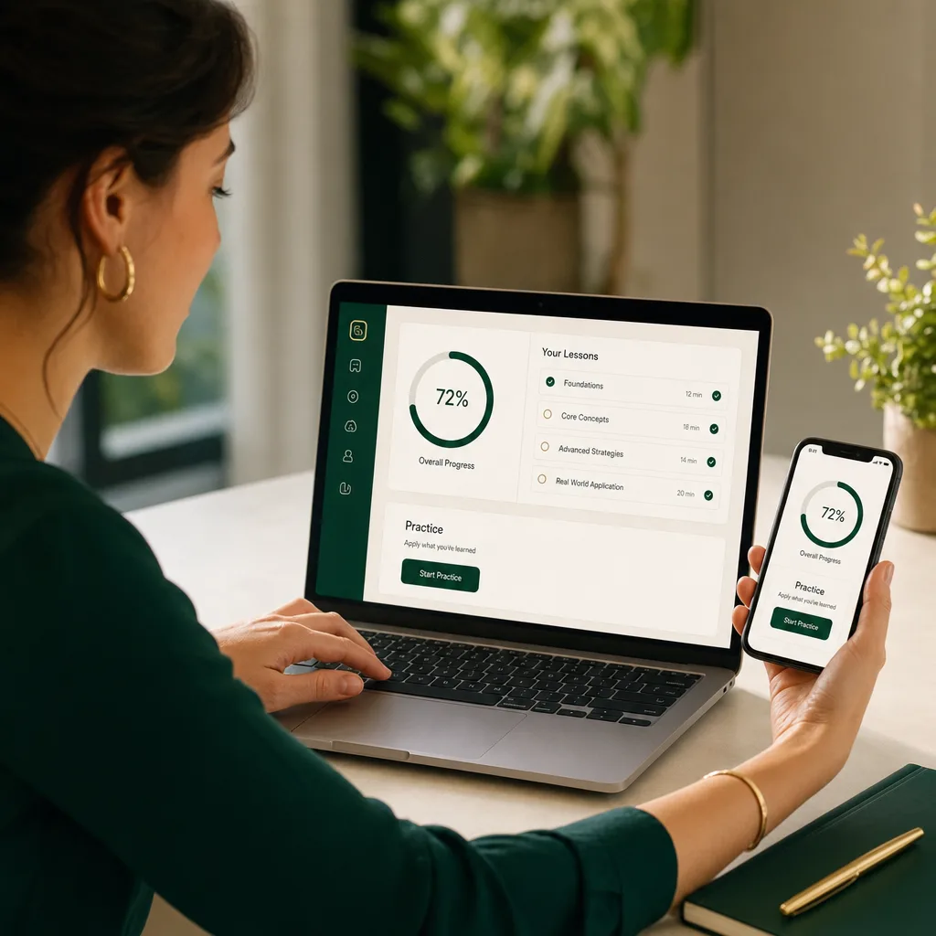 Inside the program: course dashboard with modules, lessons and reference guides